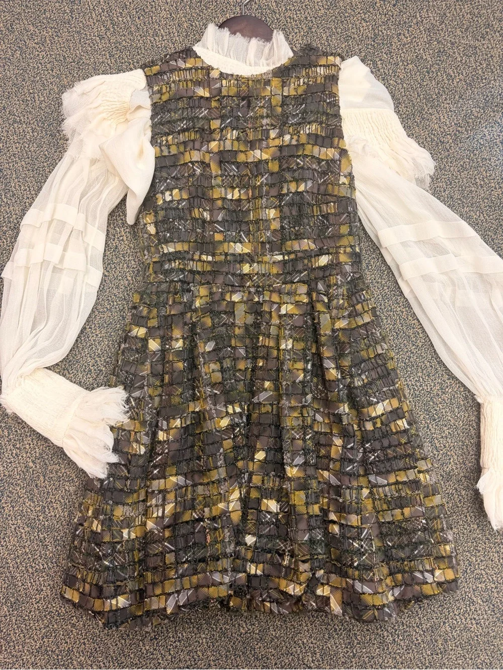 Vintage Chanel Metiers Dart  Tweed Mini Dress with Sheer Puff Sleeves